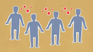 Paper cutout silhouette of men placed together surrounded by contagious spreading red viruses on brown background during dangerous coronavirus outbreak jigsaw puzzle