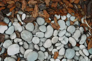 Top view of smooth gray stones and brown bark chips, perfect for landscaping designs. jigsaw puzzle