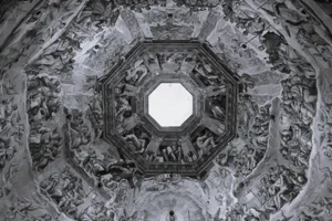 Detailed grayscale view of cathedral dome frescoes in Florence, showcasing Italian art and architecture. jigsaw puzzle