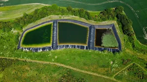 Drone shot of triangular retention ponds in lush countryside, Harlington, UK. jigsaw puzzle