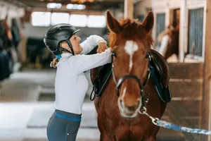 A woman prepares her horse in an indoor stable, showcasing equestrian skills. jigsaw puzzle