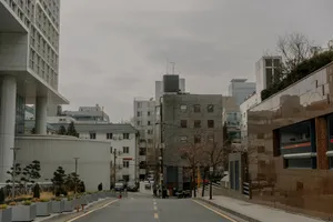 Street scene with modern buildings under cloudy sky, showcasing urban architecture. jigsaw puzzle