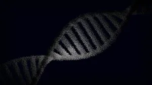 Artistic rendering of a DNA strand with particle effects against a dark background. jigsaw puzzle