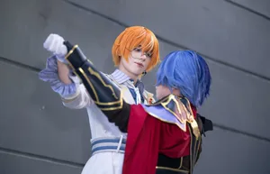 Dynamic cosplay scene with characters in vibrant outfits showcasing dramatic interaction. jigsaw puzzle