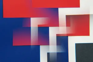 Dynamic abstract image featuring overlapping red, blue, and white rectangles, creating a vibrant pattern. jigsaw puzzle