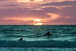 two person swimming on body of water during golden hour jigsaw puzzle