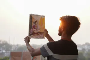 a man holding up a picture of a woman jigsaw puzzle